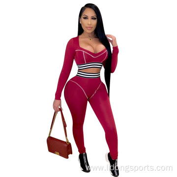 New Fashion Women Long Sleeve Striped Patchwork Tracksuit